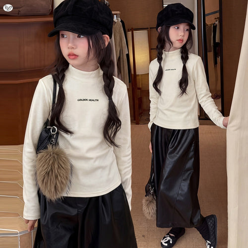Girls' Letter Print Half Turtle Fleece Knit Base Layer Top