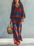 Vacation Retro Knit High Waist Striped Textured Color-Block Top 2-Piece Set