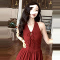 French Retro Red Halter Fitted Long Dress, Seaside Vacation