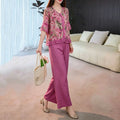 Women's Summer Ethnic Artistic Short Sleeve V-Neck Loose Wide Leg Pants + Top 2-Piece - Rose Red Set