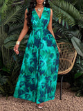 Tropical Print V-Neck Twist Knit Fitted Trumpet Skirt Dress