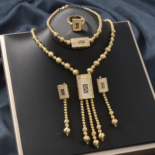 Dubai Luxury Gold Round Bead Fringe Square Rhinestone Letter Pendant Necklace Earrings Ring Bracelet Set Banquet Jewelry
