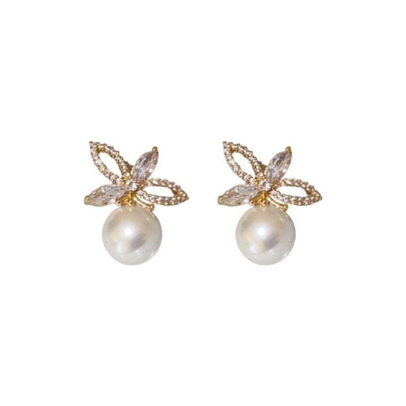 French Rhinestone Flower Round Pearl Earrings - view 5
