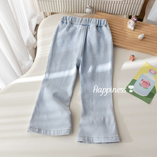 Girls' Cartoon Embroidered Flared Wide-Leg Jeans