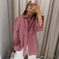Women's French Casual Long Sleeve Lapel Collar Striped Cardigan + Shirt 2026 - Red