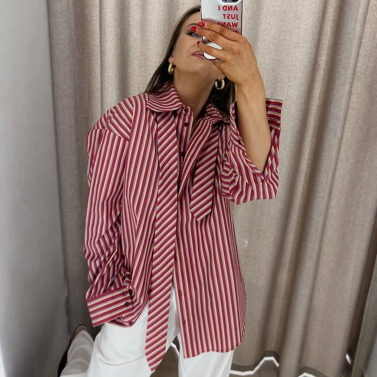 Women's French Casual Long Sleeve Lapel Collar Striped Cardigan + Shirt 2026 - Red