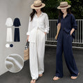 Fall Old Money Retro Linen Long Sleeve Loose Wide Leg Pants + Shirt 2-Piece Set
