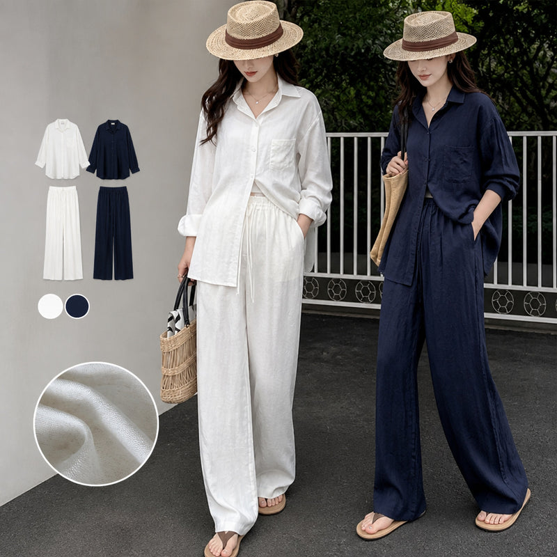Fall Old Money Retro Linen Long Sleeve Loose Wide Leg Pants + Shirt 2-Piece Set