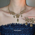 Imperial Breeze Rhinestone Flower Teardrop Tassel Necklace Set Fashionable Clavicle Chain Light Luxury Premium Necklace Women