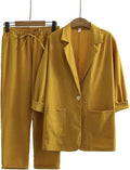 Fall Casual Fashion Linen Cotton Loose Blazer + Pants + Top 2-Piece Set