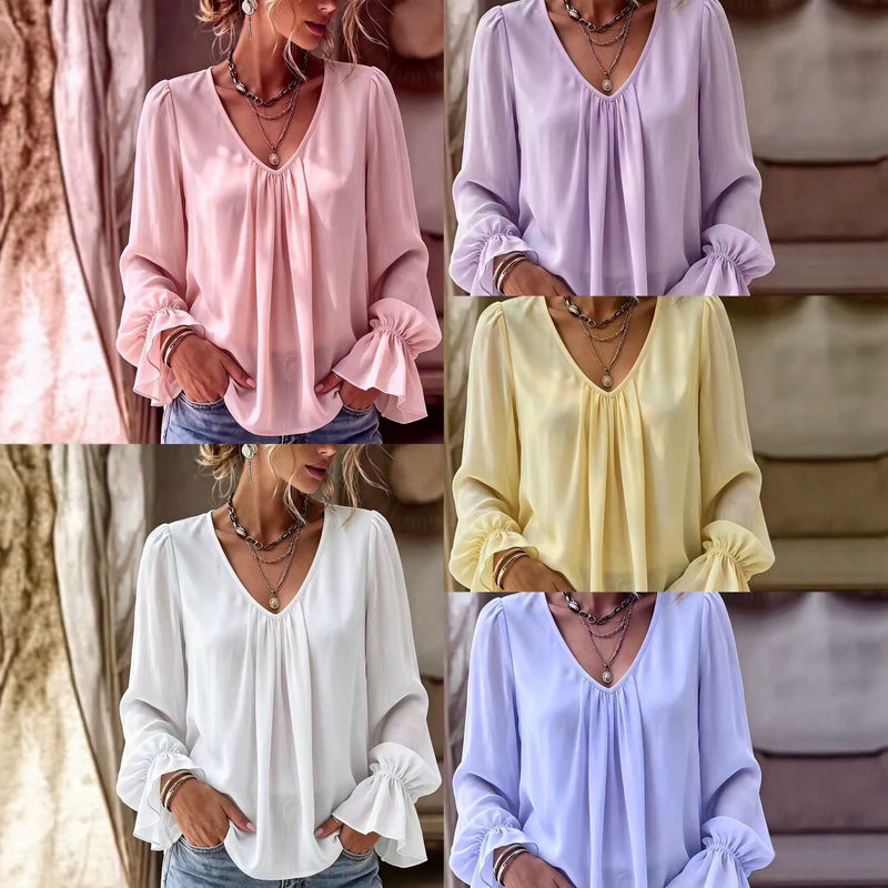 Office Versatile Long Sleeve V-Neck Pleated Loose Shirt