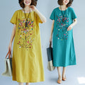 Women's Summer Ethnic Artistic Linen Cotton Embroidered Short Sleeve Loose Dress + Lo - Yellow