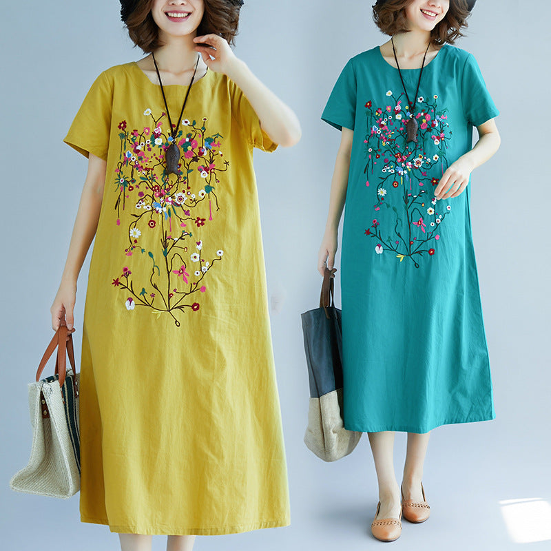 Women's Summer Ethnic Artistic Linen Cotton Embroidered Short Sleeve Loose Dress + Lo - Yellow