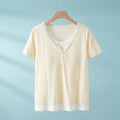 women's fake two-piece pajamas with breast pads, bra-free summer short-sleeved round neck pure cotto