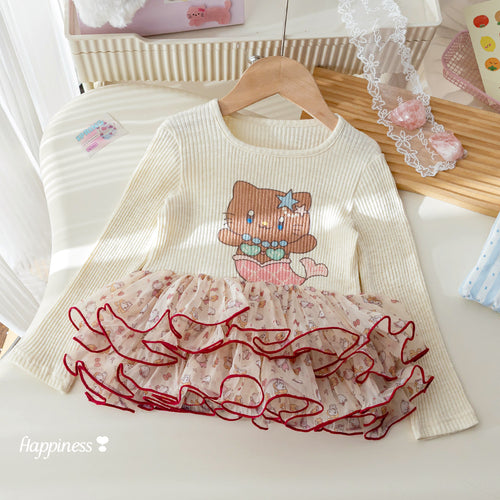 Girls' Cartoon Print Lace Trim Long Sleeve T-Shirt