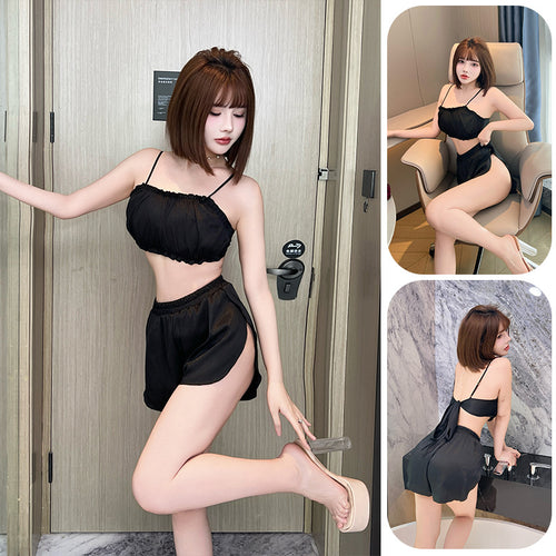 夏季私房性感露背蝴蝶结睡衣缎面吊带短裤女士露腰家居服套装998