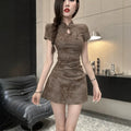 Chinese Button Modified Cheongsam Pleated Fitted Short Dress