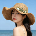 新款甜美大蝴蝶结遮阳草帽女 时尚气质大帽檐太阳帽户外防晒帽子
