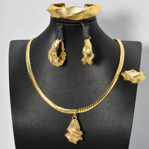 Export Coated 18K Gold Set Middle East Dubai Accessory Bronze Ba Necklace Earrings Set Ring Bangle 4-Piece Set Fashionable