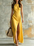 Minimalist Sleeveless Belted Slit Long Dress, Vacation Style