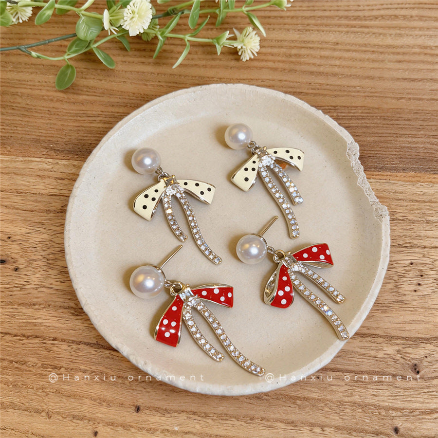 Korean Bow Pearl Stud Earrings - view 2