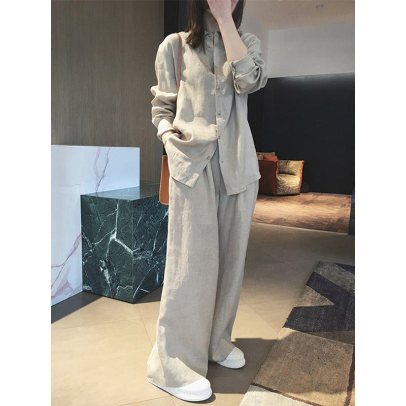 Spring-Summer Chinese Ethnic Linen Cotton Wide Leg Pants + Shirt Set