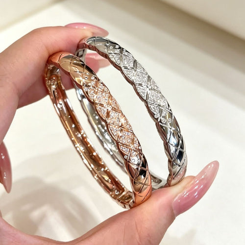 Coco Diamond Grid Bangle Girls Premium Rhinestone Wide Fit Bracelet Light Luxury Niche Design Diamond Grid Pattern Small Scent Hand Jewelry