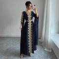 Women's Vacation Elegant Embroidered Long Sleeve V-Neck Dress + Long Skirt 2026 - Peacock Blue