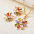 New Import Korean Influencer Live Bestseller Copper Set Colorful Cubic Zirconia Flower Pendant Necklace Fashionable OL Set