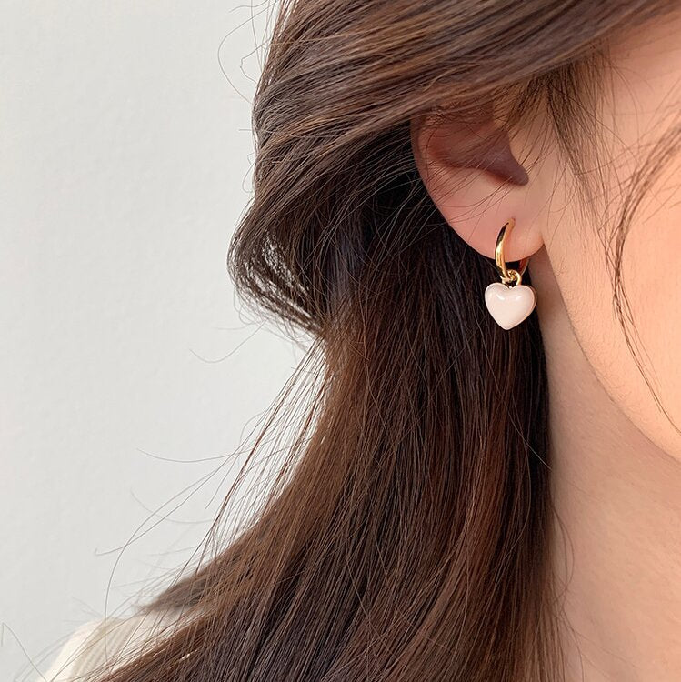Pink Enamel Heart Huggie Hoop Earrings - view 3