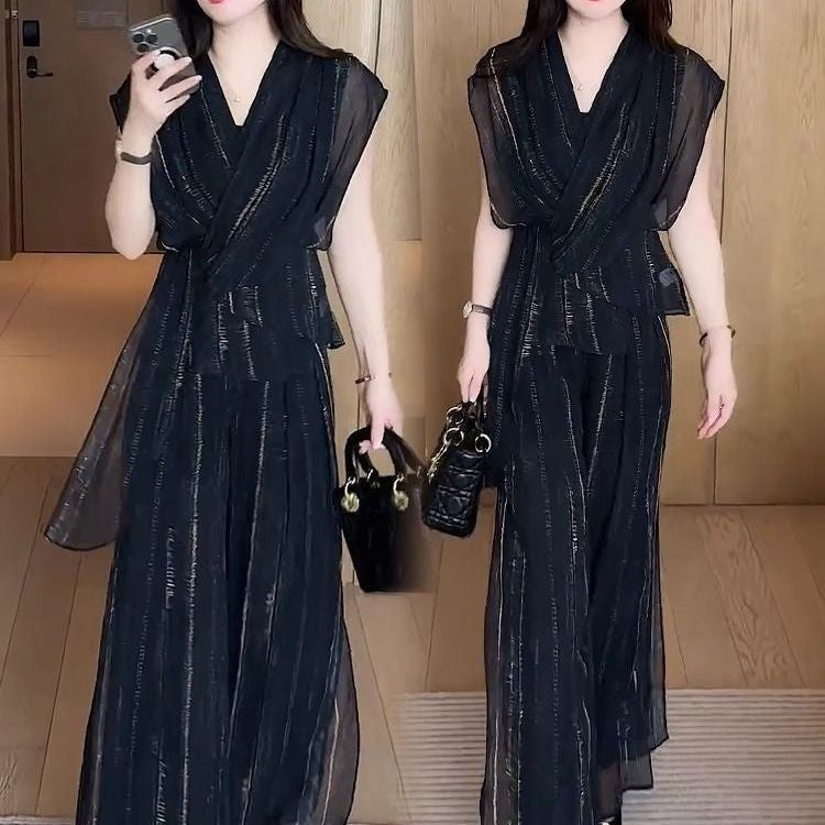 Spring-Summer Fashion Elegant Short Sleeve Wide Leg Pants + Top 2-Piece Set