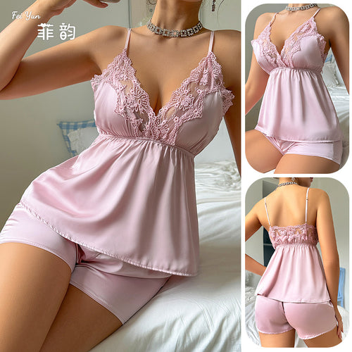 菲韵性感蕾丝吊带睡衣套装女冰丝缎面深V短裤两件套家居服9042