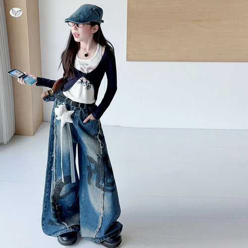 Girls' Faux Layered Off-Shoulder Tee & Denim Wide-Leg Pants Set