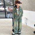 Girls' Distressed Denim Jacket & Wide-Leg Pants Set