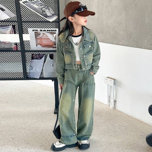 Girls' Distressed Denim Jacket & Wide-Leg Pants Set