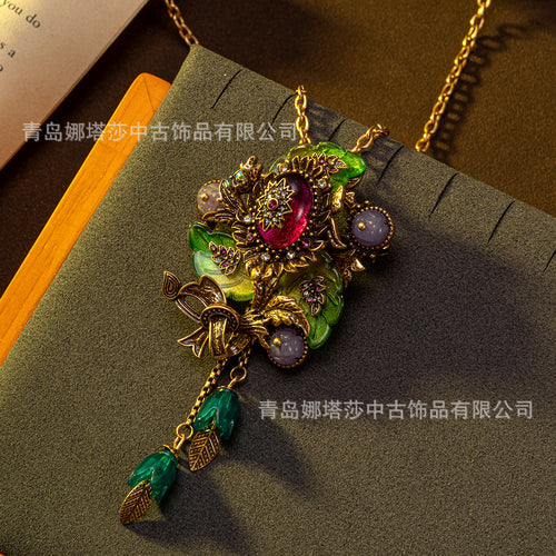 Overseas Vintage Accessory Retro Leaves Pendant Necklace Brooch 2-in-1 Western Distressed Style Heavy-Duty Versatile Necklace
