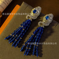 Vintage Accessory Premium vintage Royal Blue Fringe Necklace Earrings Set Jewelry Set Heavy-Duty Luxury Accessory
