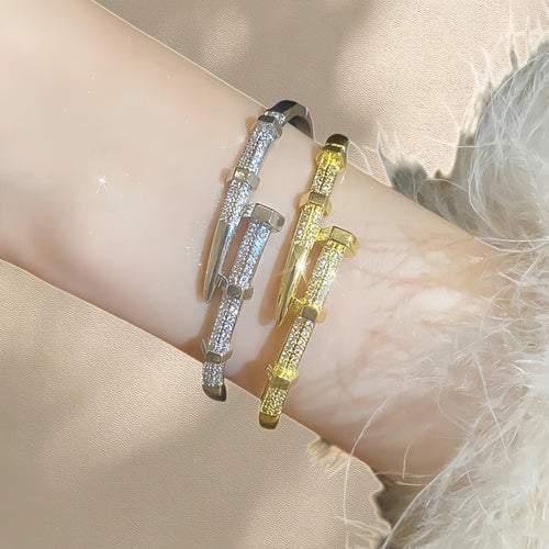 Overseas Western Full Diamond Stud Bangle Women Premium Light Luxury Versatile Buckle Bracelet Copper Coated 18K Open End Bangle