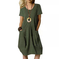 Cotton Linen Round Neck Short Sleeve Dress - Casual Solid Color Summer Dress