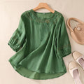 Women's Summer Artistic Retro Linen Cotton Embroidered Crew Neck Lightweight Loose Sh - Pink