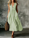 Elegant V-Neck Pocket Pleated Sleeveless Camisole Dress