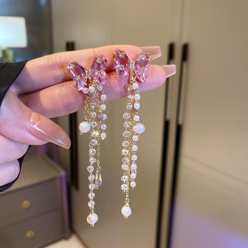Pearl Flower Rhinestone Tassel Earrings - view 8