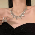 Korean Style Exquisite Rhinestone Bow Geometric Tassel Necklace Set Women Clavicle Chain Light Luxury Premium Necklace