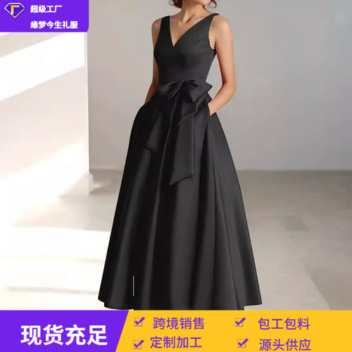 晚礼服女2026新款外贸生日派对主持人V领名媛日常可穿显瘦连衣裙