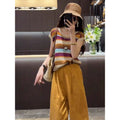 Summer Hong Kong Casual Hollow-Out Striped Ankle-Length Color-Block Knit Top + Pants 2-Piece Set