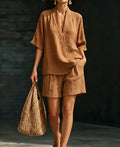 Summer Old Money Relaxed Linen Short Sleeve V-Neck Loose Wide Leg Pants + Top 2-Piece Set