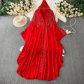 High-End Crystal Beaded V-Neck Hooded Flared Sleeve Irregular Chiffon Dress