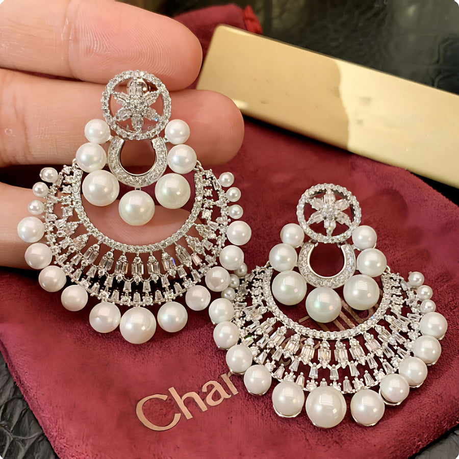 Rhinestone Flower Pearl Statement Earrings - view 6