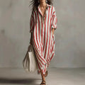 Striped V-Neck Shirt Dress - Loose 3/4 Sleeve Long Summer Dress Women