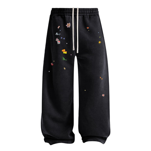 ARTIE Men's Retro Batik Distressed Washed Printed Wide Leg Curved Leg Draped Wide Leg Pants